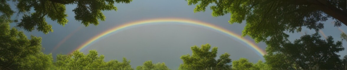 Vibrant rainbow arcing over lush green forest canopy, trees, arc