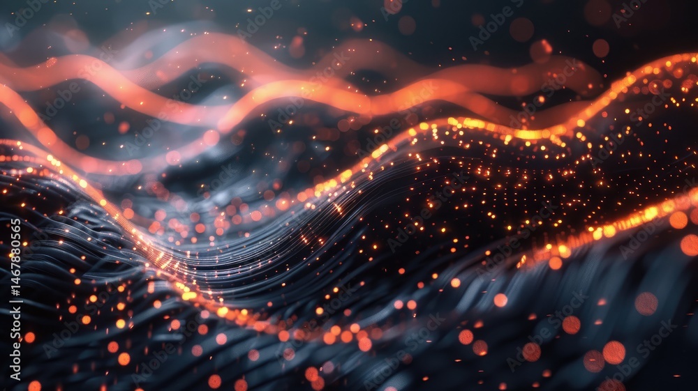 Poster abstract picture micro light sparkling particle represent data flow vivid flowing wave with high tec