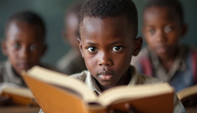 Focused young African boy intently reads book in classroom. Education, literacy, knowledge concept. Children studying, learning together. Global literacy initiatives. Bright future of education,