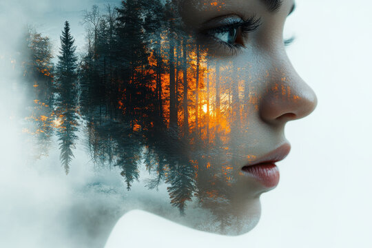 Woman's face framed by a forest backdrop.