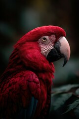 Fototapeta premium Vibrant red parrot perched gracefully in a lush forest setting