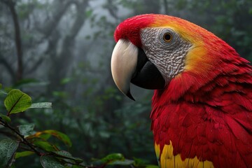 Obraz premium Bright macaw in a lush tropical forest during early morning mist