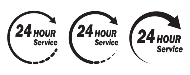 24 hours icon vector set. 24h open all day service concept. 24 hours service vector symbol. 24 hours support a variety of symbols, icons, badges, labels, and stickers for Customer Service. 