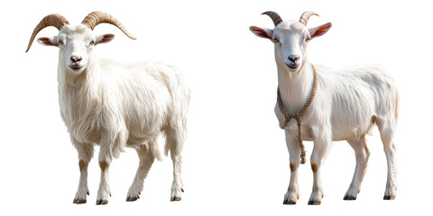 Pair of realistic white goats illustration isolated on transparent PNG image perfect for farming education materials or Eid al-Adha promotional designs