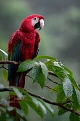 Colorful macaw perched on a branch in a lush tropical rainforest