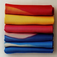 Stack of colorful folded cloths on a white surface