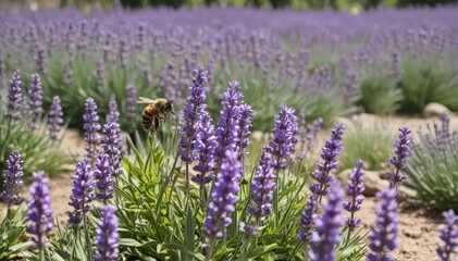 Fototapeta premium Busy bee pollinating lavender & primrose blossoms in sunny garden , botanical, lavender, yellow