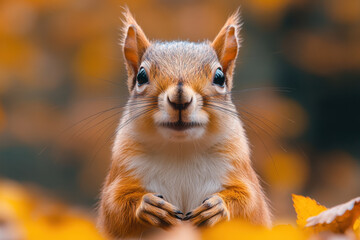 Obraz premium Squirrel standing in leaf-filled field.