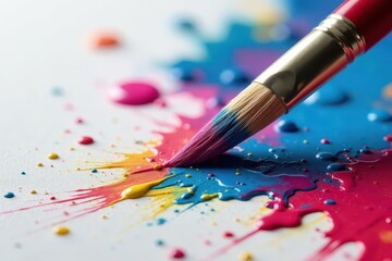 Close-up of paintbrush, vibrant drips, colorful paint , fluid, colorful