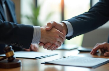 Business partners handshake over contract. Lawyers, attorneys, colleagues make deal. Legal agreement, partnership, teamwork, cooperation concept. Formal meeting in modern office. Jurisprudence,