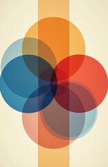 Obraz premium Abstract illustration of Ikigai concept. Overlapping circles intersect with vertical line. Colors blue red orange brown. Symbol of life balance, purpose, passion, value. Perfect for self-help design.