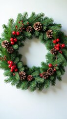 Evergreen boughs, red berries, pine cones form a festive Christmas wreath , season's greetings, festive