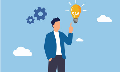 A businessman holds a bright light bulb, symbolizing a creative business idea and innovation for success