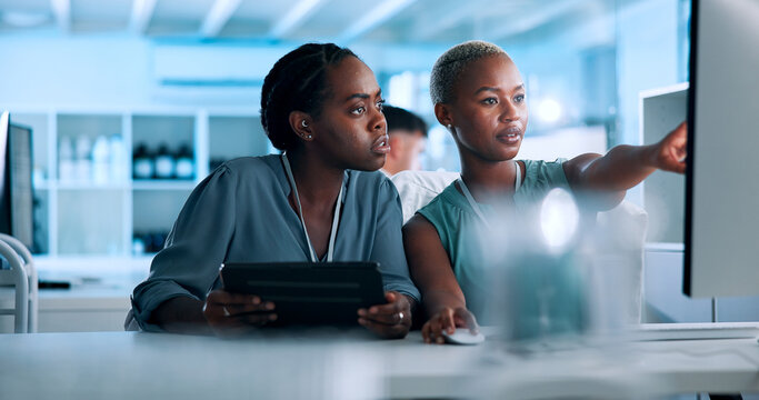 Teamwork, data scientist and people in lab with computer, tablet and gene editing in medical experiment. Talking, women or innovation consultant with science report, test and DNA research results