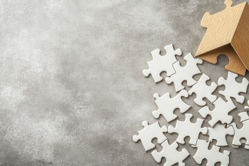 Scattered white jigsaw puzzle pieces on gray surface, with one complete piece partially visible at the top right