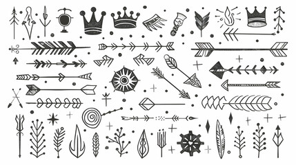 Fototapeta premium Super set different hand drawn element. Collection of arrows, crowns, circles, doodles on white background. Vector graphic design