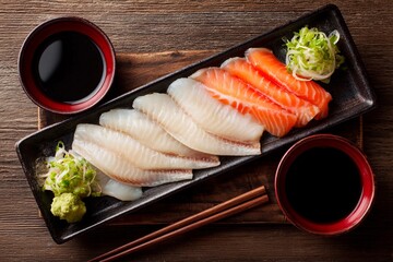 A beautifully arranged sashimi platter includes various types of fresh fish, accompanied by wasabi, scallions, and soy sauce in small bowls. Enjoyed in a quaint dining setting