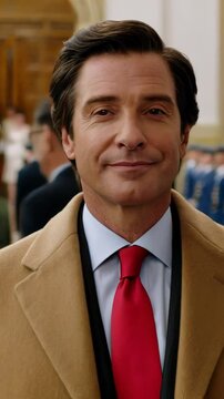 Vertical screen, politician posing confidently in camel coat, light blue shirt, and red tie during official photo session with government officials standing at attention
