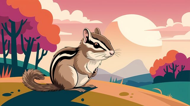 An adorable chipmunk sitting peacefully in a vibrant autumn landscape. This illustration showcases a serene natural scene with a touch of autumnal colors