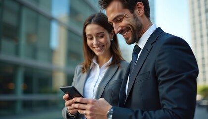 Business couple using smartphone together near modern office building. Smiling man and woman in suits check phone, smile at each other. Teamwork, communication, modern business concept.