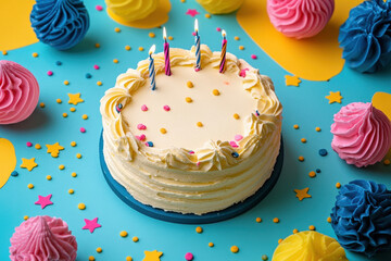 Birthday cake with candles and cupcakes.