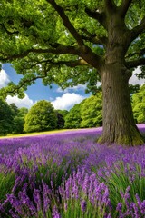 Lavender field under a large oak tree with green hills in the background