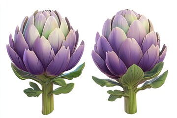 Fototapeta premium Two artichoke heads, with detailed edible flower