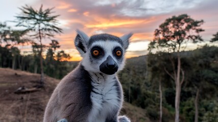 Obraz premium A ring-tailed lemur observes its surrounding in a peaceful sunset environment. The lemur is the center of attention, showcasing its unique ringed tail