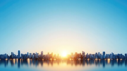 Obraz premium Urban skyline at dawn or dusk reflecting on calm water serene cityscape view