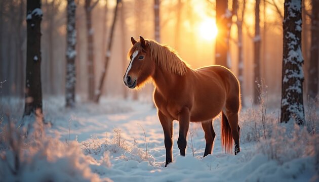 Brown horse stands in snowy forest at sunset. Winter sun illuminates trees, snow. Horse animal in wild nature landscape. Rural scene, peaceful scenery, cold weather. Equine beauty.