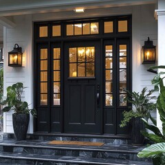 Elegant Black Front Door Entrance with Sidelights and Lantern Lighting