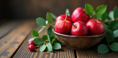 Crimson apples in rustic bowl, eucalyptus & holly sprigs on wood , juicy, wood, food photography