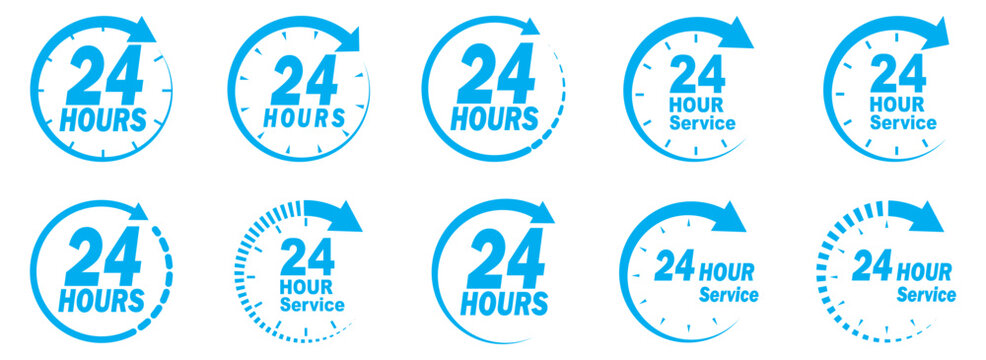 Blue 24 hour service icon vector set.  24 hours order execution or delivery service icon. Set of blue 24h service duration icon collection. Support 24 hours, Support service symbol. 24 hours icon. 