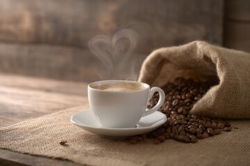 Fototapeta premium A heart-shaped steam rises from a cup of coffee, sitting on a burlap surface near a sack of coffee beans.