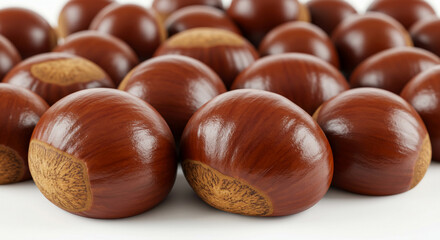 Obraz premium Exquisite Close-Up of Shiny Brown Chestnuts, Autumnal Harvest Bounty, Nature's Delicious Treat. High quality professional stock photo suitable for commercial use.