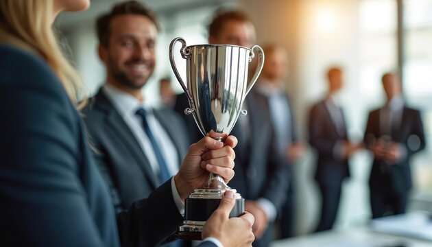 Employee receiving award at company event. Person holding trophy in front of colleagues. Business team celebrates success. Recognition of excellence in office. Teamwork. Corporate achievement.