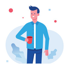 Illustrated Man Holding Coffee Mug with Global Map Background