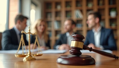 Close-up of gavel and scales of justice on table. Team meeting in background. Lawyers in suits consult discuss contract agreement or court case. Legal system concept.