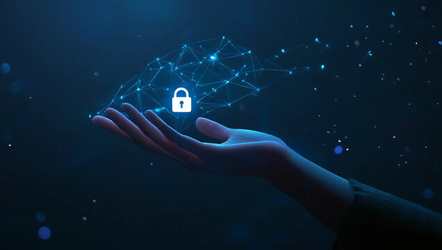 Hand holding digital network with lock icon representing data protection and security