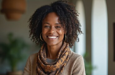 Fototapeta premium Portrait of mature, stylish African American woman with curly hair, hoop earrings, smiling. Confident, experienced. Concept of elegance, successful businesswoman, professor. Beautiful, friendly face.