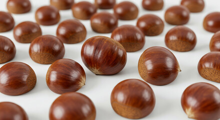 Obraz premium Exquisite Close-Up of Shiny Brown Chestnuts, Autumnal Harvest Abundance, Natural Food Photography. High quality professional stock photo suitable for commercial use.