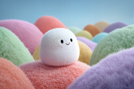 Un personaje blanco y esponjoso se sienta sobre una colina de bolas de algod&oacute;n de colores vibrantes.