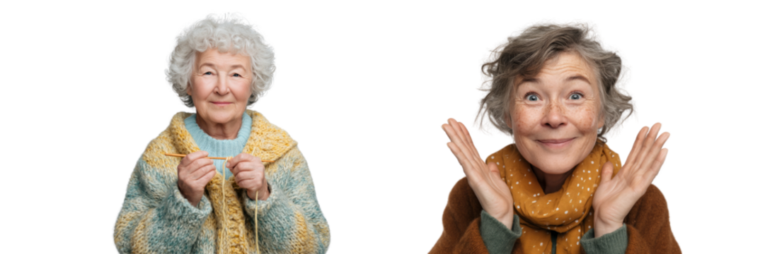 Joyful elderly women portraits studio image with transparent background bright environment close-up