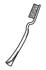Black and white illustration of a manual toothbrush in a minimalist hand-drawn style. Perfect for dental care infographics, hygiene product packaging, children's educational materials, and oral health