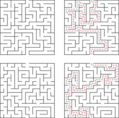 Four black and white mazes two solved and two unsolved representing the concept of problem solving and solutions