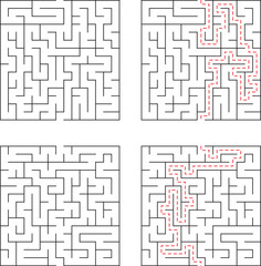 Four square maze puzzles with solutions demonstrating paths to achieve problem solving goals successfully