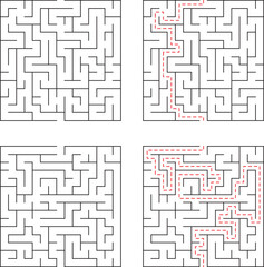 Four simple mazes with different solutions demonstrating problem solving strategies for educational or conceptual design.