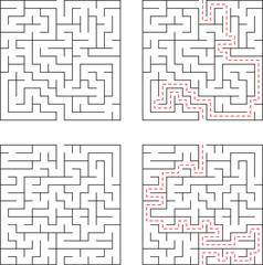 A collection of complex mazes with red dashed lines illustrating solutions for problem solving