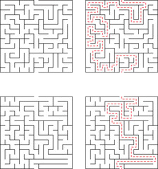 Four square mazes with solutions showing paths of success with red dashed lines and complex challenges