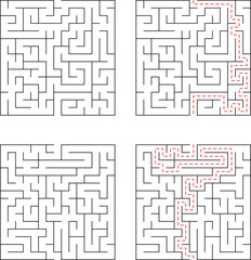 A collection of complex maze puzzles including solutions representing problem solving and strategic thinking